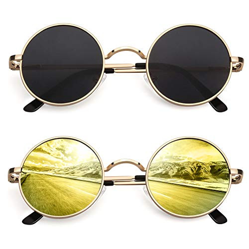 CGID E01 Small Retro Vintage Style John Lennon Inspired Circular Circle Metal Rimmed Round Polarized Sunglasses Goggles Shades for Women and Men 2 Pac