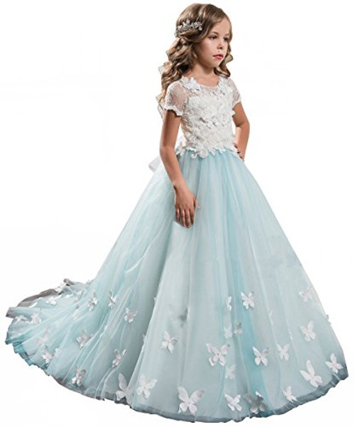 ABAO SISTER Elegant Long Lace Applique Flower Girl Dress Wedding Birthday Dress Size 8