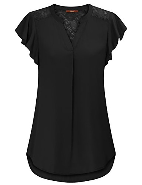 Gaharu Womens Blouses Black  Summer Office Semi Formal Chiffon Shirts Top Flutter Sleeve 2XL V Neck Lace Patchwork Tunics Blouses Top for Work Black X