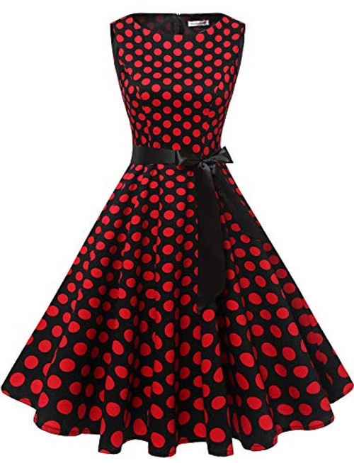 Gardenwed Womens Audrey Hepburn Rockabilly Vintage Dress 1950s Retro Cocktail Swing Party Dress Black Red Dot M