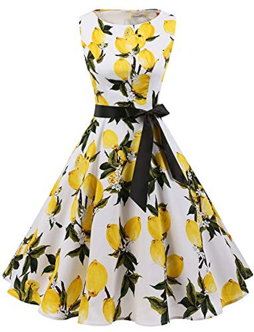 Gardenwed Womens Audrey Hepburn Rockabilly Vintage Dress 1950s Retro Cocktail Swing Party Dress Lemon Flower S