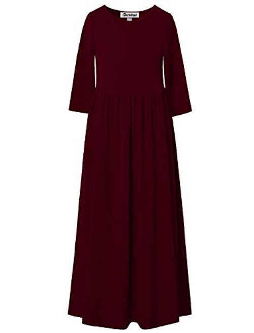 Jxstar Big Girls Long Dresses 7-16 Ankle Length Maxi Dress Casual Burgundy 3-4 Sleeve