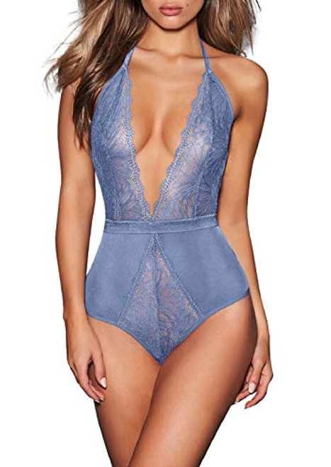AnloveKiss Women Sexy Lingerie-Deep V Neck Backless Halter Teddy Bodysuit Perspective Lace Babydoll Underwear -M  Sky Blue-