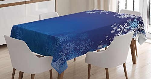 Ambesonne Christmas Tablecloth, Ornamental White Snowflakes in Various Styles Cold Winter Season, Dining Room Kitchen Rectangular Table Cover, 60 W X 90 L inches, Navy Blue Light Blue White