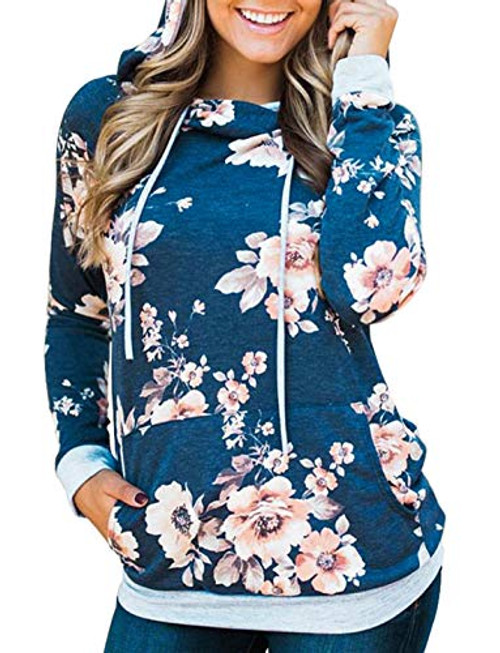 onlypuff Blue Floral Hoodie Sweatshirt for Women Tunic Tops Kangaroo Pockets S