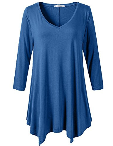 JollieLovin Womens Plus Size 3-4 Sleeve V Neck Flowy T Shirt Casual Swing Tunic Top -Steel Blue  M-