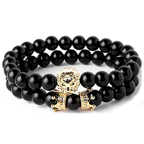 JOYA GIFT Black Round 8mm Beads Bracelet Set for Men Crown Tiger Head Charm Handmade Jewelry JOYA GIFT Black Round 8mm Beads Bracelet Set for Men Crown Tiger Head Charm Handmade Jewelry