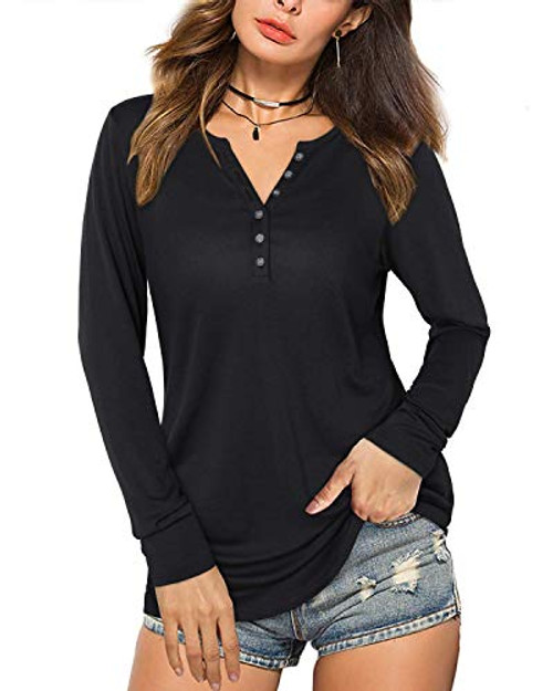 KILIG Womens Long Sleeve V-Neck Button Loose Casual Tunic Tops Blouse Henley T Shirts-D1-Black XL-