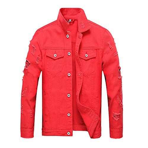 LZLER Jean Jacket for Men  Classic Ripped Slim Denim Jacket with Holes-Red 2023  L-