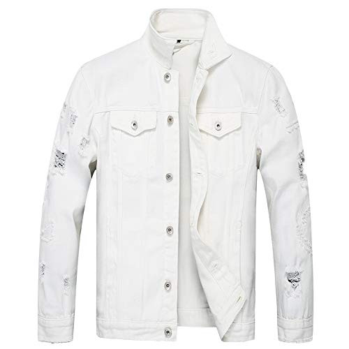 LZLER Jean Jacket for Men  Classic Ripped Slim Denim Jacket with Holes-White 2023  L-