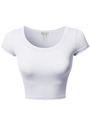 Junior Sized Tight Fit Basic Solid Cap Sleeves Scoop Neck Crop Top White S
