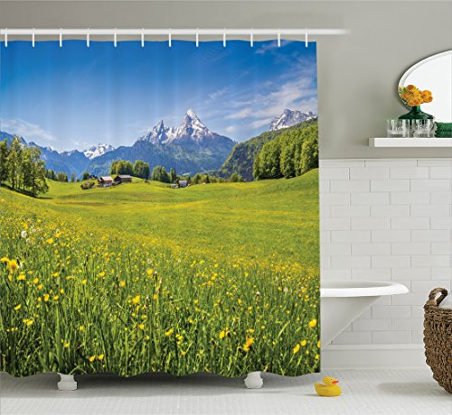 Ambesonne Nature Landscape Decor Collection, Photo of Alps with Fresh Meadows and Blooming Flower Snowy Mountain Nature Home, Polyester Fabric Bathroom Shower Curtain, 84 Inches Extra Long, Green Blue