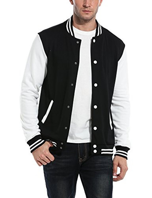 Coofandy Men Fashion Long Sleeve Button Front Cotton Bomber Baseball Jacket-Black Medium-