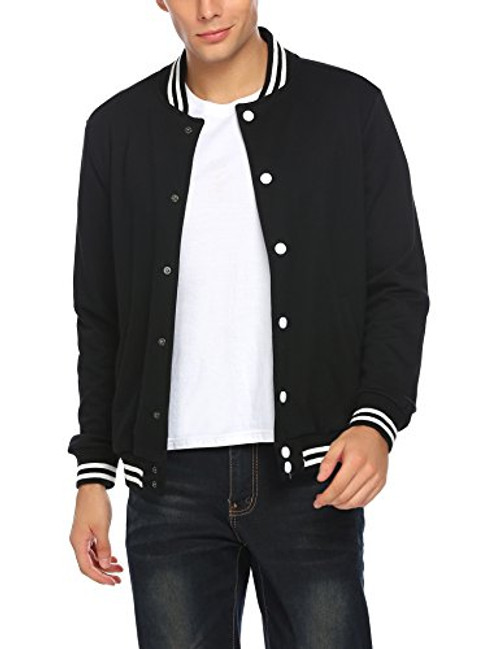 COOFANDY Men Fashion Long Sleeve Button Front Cotton Bomber Baseball Jacket  Pitch-black  X-Large