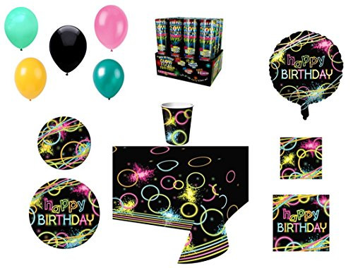Neon Glow Stick Themed Happy Birthday Party Supplies For 8, 8-Piece Bundle