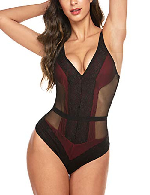 ELOVER Women Lingerie Teddy Sexy Deep V Bodysuit One Piece Lace Babydoll Wine Red ELOVER Women Lingerie Teddy Sexy Deep V Bodysuit One Piece Lace Babydoll Wine Red