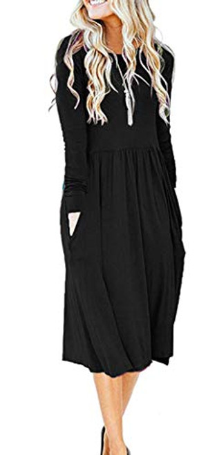 MISFAY Womens Long Sleeve Pockets Empire Waist Pleated Loose Swing Casual Flare Midi Dress -M  Black- MISFAY Womens Long Sleeve Pockets Empire Waist Pleated Loose Swing Casual Flare Midi Dress -M  Black-