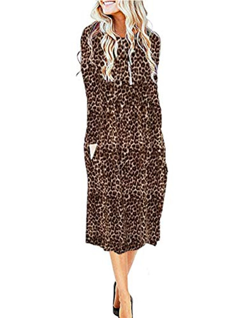 MISFAY Womens Long Sleeve Pockets Empire Waist Pleated Loose Swing Casual Flare Midi Dress -L  Black Red Leopard-