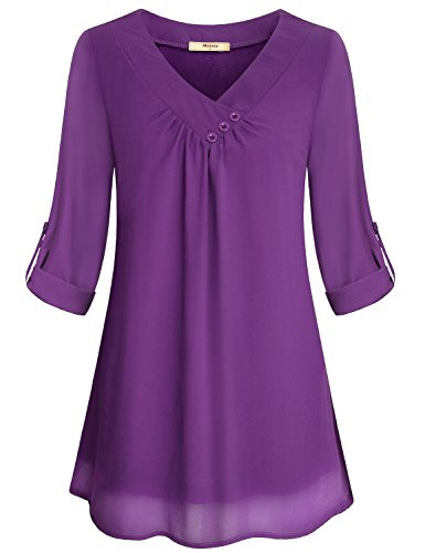 Pleated Front Blouses Miusey Womens Cuffed Sleeve Swing Chiffon Material Shirt Button Design Woven Cross V Neck Office Trapeze Flattering Sheer Tops 2