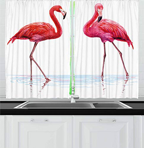 Ambesonne Animal Kitchen Curtains, Two Hand Drawn Flamingos in Pink Colors on Seaside Tropical Wildlife Artwork, Window Drapes 2 Panel Set for Kitchen Cafe, 55 W X 39 L Inches, Orange Lavander