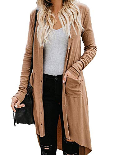Naggoo Womens Button Down Long Sleeve Open Front Long Cardigans Fall Thin Cardigan with Pocket Khaki  M