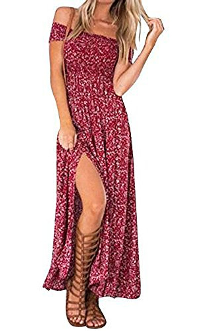 Walant Women Summer Boho Off Shoulder Long Maxi Casual Dress Slit Split RedX-LargeRed