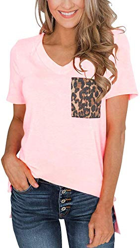 Womens Short Sleeves Casual Loose V Neck T Shirts Basic Tops Leopard Pocket Pink M