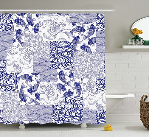Ambesonne Japanese Decor Collection, Stylized Japanese Patchwork Arts and Craft Pattern with Nature Botanic Wildlife Figures, Polyester Fabric Bathroom Shower Curtain, 84 Inches Extra Long, Blue White
