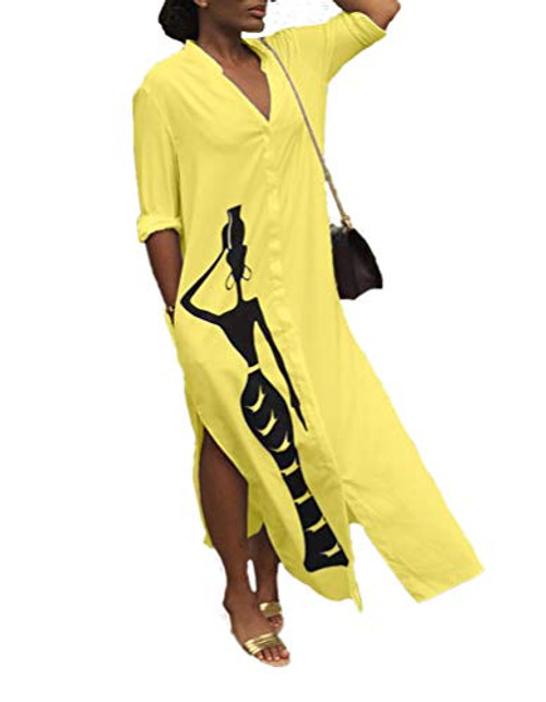 Ophestin Womens Casual Graphic Print Long Sleeve Collar Button Down Loose Boyfriend Pockets Slit Blouse Shirt Long Maxi Dress Yellow XXL Ophestin Womens Casual Graphic Print Long Sleeve Collar Button Down Loose Boyfriend Pockets Slit Blouse Shirt Long Maxi Dress Yellow XXL