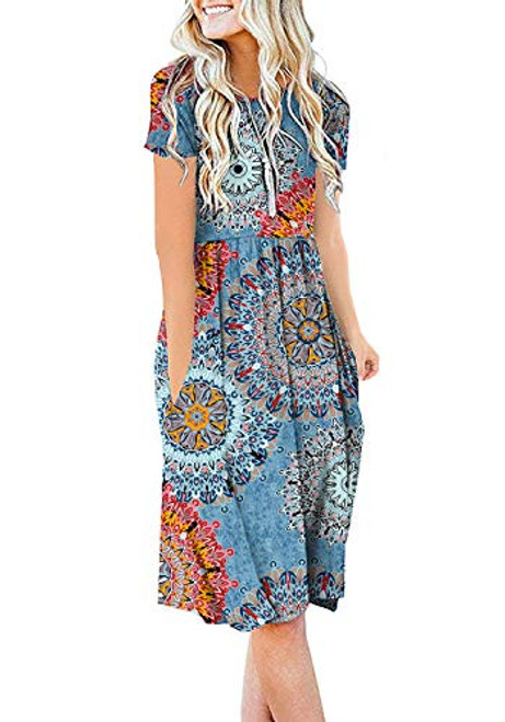 DB MOON Women Summer Casual Short Sleeve Dresses Empire Waist Dress with Pockets -Flower Mix Blue M- DB MOON Women Summer Casual Short Sleeve Dresses Empire Waist Dress with Pockets -Flower Mix Blue M-