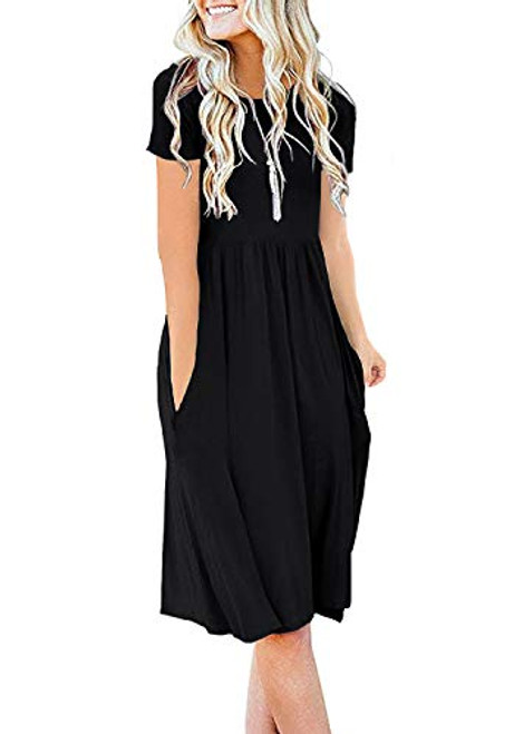 DB MOON Women Summer Casual Short Sleeve Dresses Empire Waist Dress with Pockets -Black L- DB MOON Women Summer Casual Short Sleeve Dresses Empire Waist Dress with Pockets -Black L-