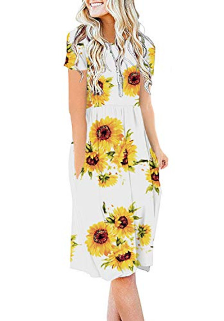 DB MOON Women Summer Casual Short Sleeve Dresses Empire Waist Dress with Pockets -Flower Sun White L- DB MOON Women Summer Casual Short Sleeve Dresses Empire Waist Dress with Pockets -Flower Sun White L-