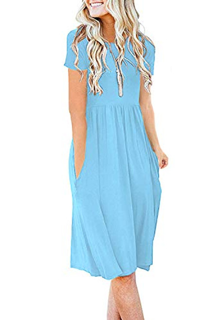 DB MOON Women Summer Casual Short Sleeve Dresses Empire Waist Dress with Pockets -Light Blue L- DB MOON Women Summer Casual Short Sleeve Dresses Empire Waist Dress with Pockets -Light Blue L-