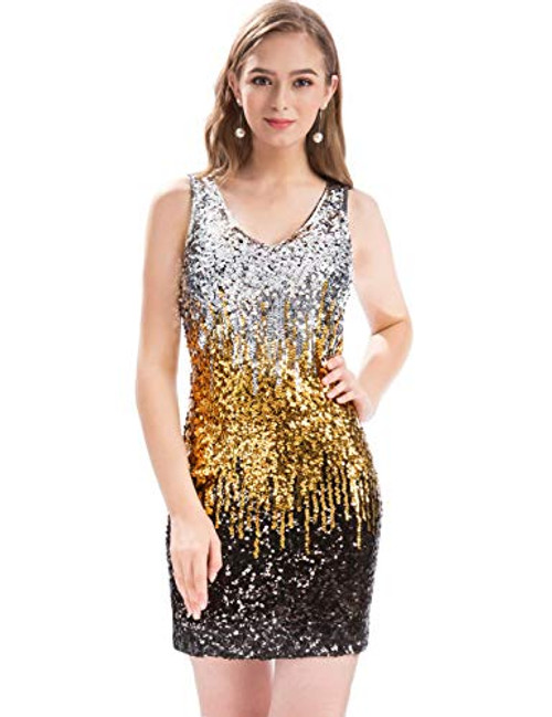 MANER Womens Sexy V Neck Sequin Glitter Bodycon Stretchy Sexy Mini Party Dress -XXL  Silver-Gold-Black-