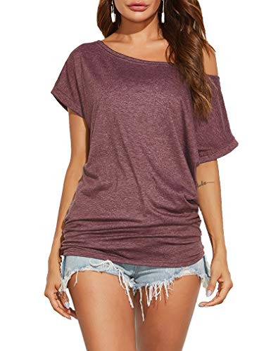 Poetsky Off The Shoulder Tops for Women Batwing Short Sleeve Shirts Casual Loose Fitting T Shirts -L  A3 Wine Red-