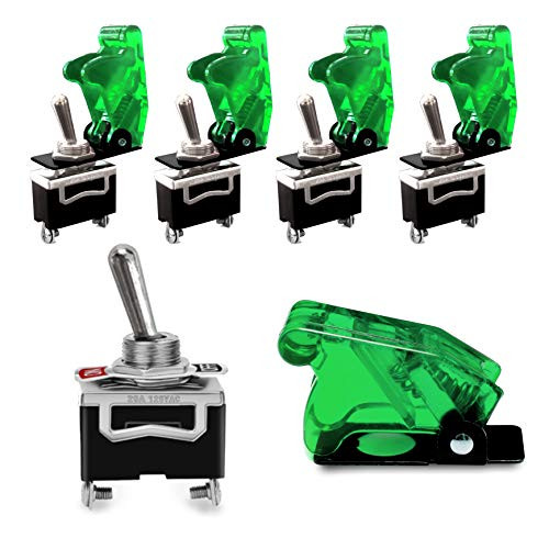 MGI SpeedWare 20A SPST Toggle Switch ON-Off 5-Pack with Aircraft Safety Cover -Green-