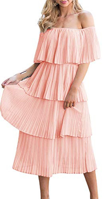 ETCYY Womens Off The Shoulder Ruffles Summer Loose Casual Chiffon Long Party Beach Maxi Dress Pink