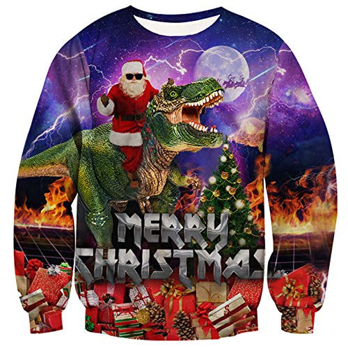 RAISEVERN Unisex Santa Claus Riding on Dinosaur Digital Printed Ugly Sweater Funny Humorous Graphic Christmas Sweatshirt Pullover Shirt Purple
