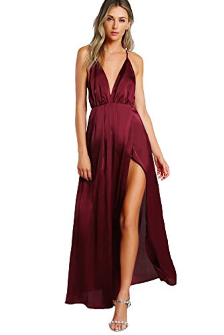 SheIn Womens Sexy Satin Deep V Neck Backless Maxi Party Evening Dress Burgundy Medium SheIn Womens Sexy Satin Deep V Neck Backless Maxi Party Evening Dress Burgundy Medium
