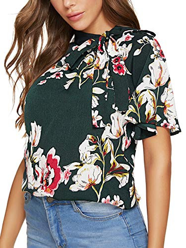 SheIn Womens Casual Side Bow Tie Neck Floral Short Sleeve Blouse Shirt Top Medium Floral Green