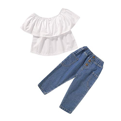 Toddler Baby Girl Clothes Off Shoulder Ruffle Sleeve T-Shirt Top Denim Pants Ripped Jeans 2PCS Outfits Set -White Off Shoulder Top- Denim  12-18M-