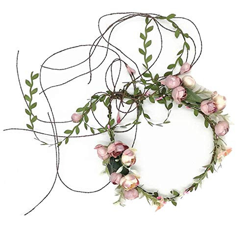 Handmade Adjustable Flower Wreath Headband Halo Floral Crown Garland Headpiece Wedding Festival Party -P--Light pink--
