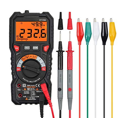 Proster Digital Multimeter 6000 Count TRMS Multimeter AC-DC Voltage-Current NCV Temperature Resistance Diode Continuity with 5 Colors Multimeter Leads