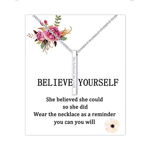 Silver Inspirational Bar Necklace Engraved  She Believed She Could So She Did Jewelry Birthday Gifts for Women Men Teens Adults Graduates