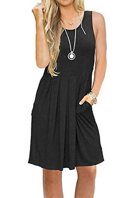 TODOLOR Women Casual Pleated Swing Pocket Loose Sleeveless Sundresses Knee Length Summer Tank Dress Black L