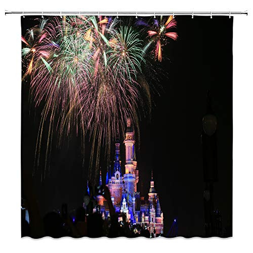 AMNYSF Firework Castle Shower Curtain Colorful Fireworks Children's Playground Festive Celebration Decor Black Fabric Bathroom Curtains,70x70 Inch Waterproof Polyester With Hooks