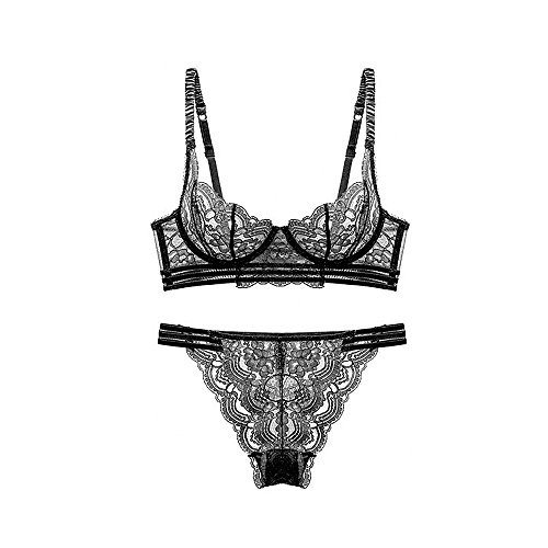 Womens Sexy Soft Lace Lingerie Set See Through Underwear Floral Lace Underwire Sheer Bra and Panty Set-Black 38C-