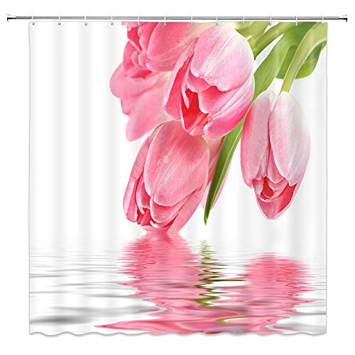 AMNYSF Pink Tulip Shower Curtain Spring Flower Green Leaves Plants Floral Scenery Decor White Fabric Bathroom Curtains,70x70 Inch Waterproof Polyester with Hooks