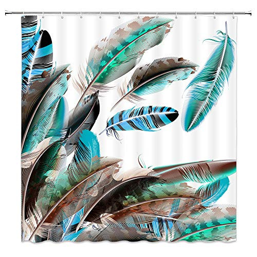 Colorful Feather Decor Shower Curtain Green Blue Black Brown Animal Feathers White Background,70x70 Inches Waterproof Polyester Fabric Bathroom Accessories Curtains with Hooks