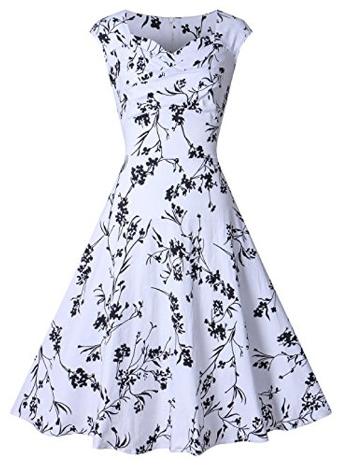 VOGVOG Womens 1950s Retro Vintage Cap Sleeve Party Swing Dress  White Floral  Large
